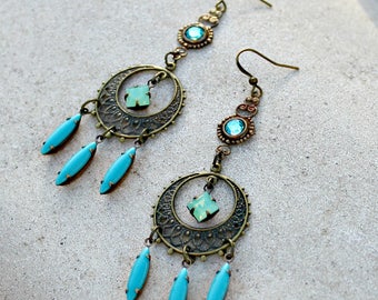 Aqua Green Bohemian Chandelier Earrings, Vintage Crystal Dangles