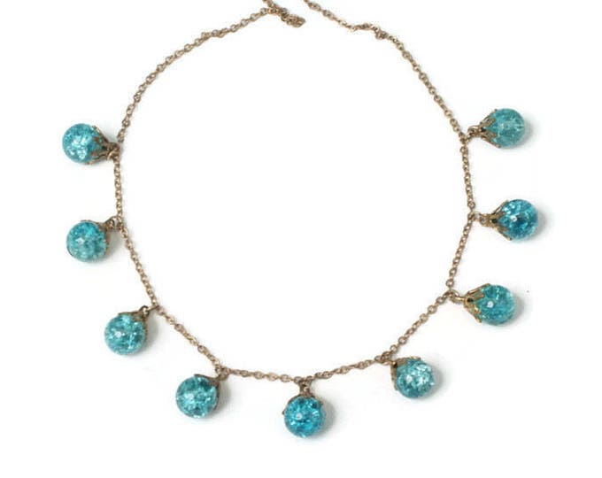 Turquoise Aqua Crackle Glass Bead Necklace Dangles Vintage
