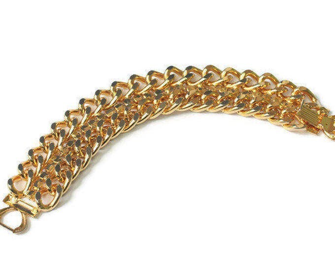 Chunky Double Curb Link Rhinestone Bracelet Gold Tone Wide Retro Style Vintage