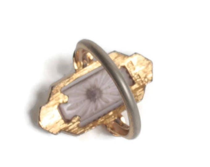 Avon Frostlights Faux Camphor Glass Ring 1977 Gold Tone Size 7 Art Deco Revival Vintage