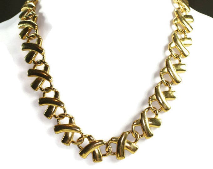 Anne Klein Designer Necklace Gold Tone X Links Bold Chunky 1980s Retro