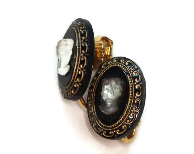 Cameo Earrings Lucite on Black Ovals Gold Trim Clip Earrings