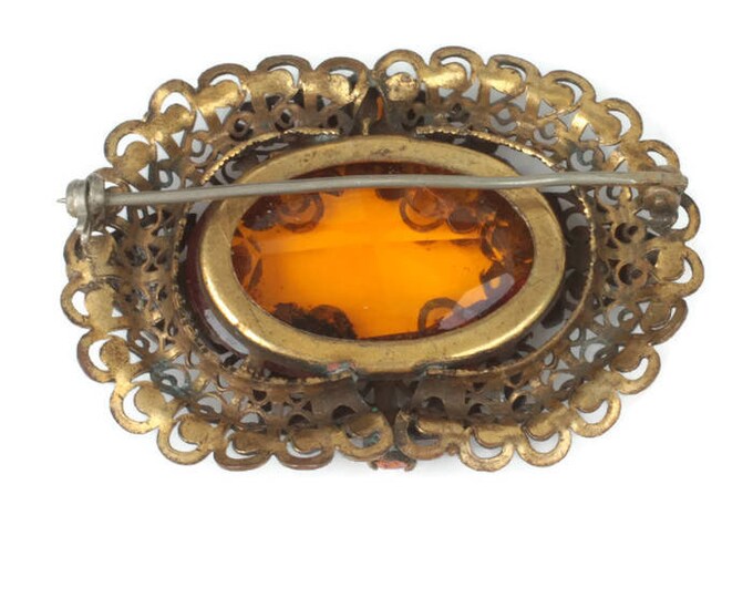 Czech Topaz Glass Filigree Brooch Oval Shape