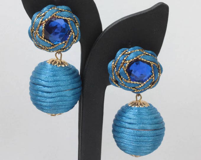 Blue Ball Dangle Earrings Cord Wrapped Handmade Large Statement Clip On Vintage