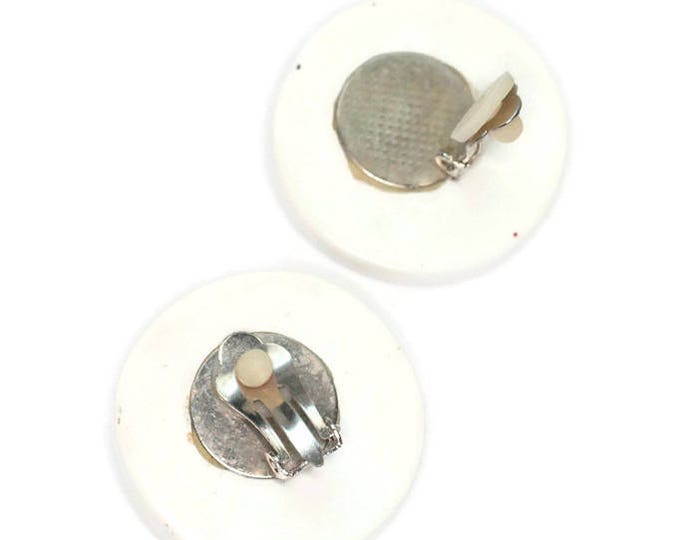 White Lucite Rhinestone Earrings Multi Color Rivoli Stones Large Round Clip Ons