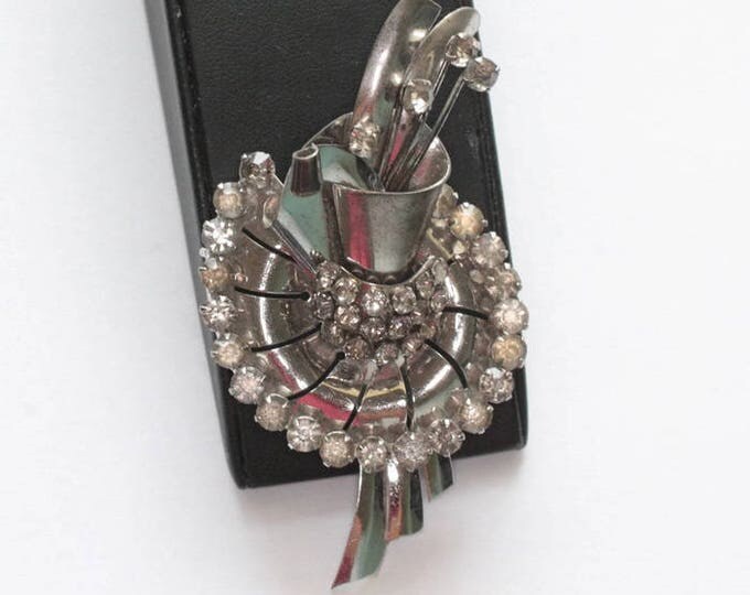 Retro Moderne Sterling Brooch Clear Rhinestones Diamante 1940s Vintage