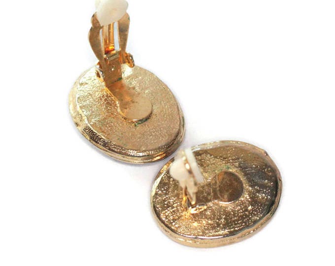 Blue Oval Clip On Earrings Gold Tone Large Chunky Bold Vintage