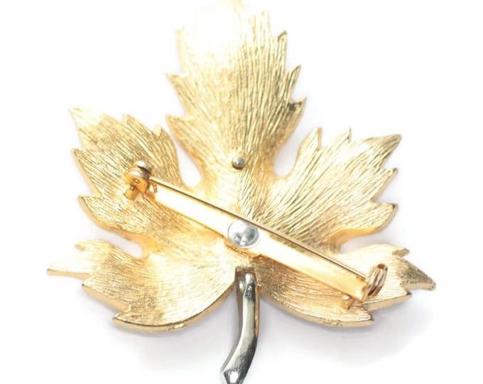 Gold Tone Maple Leaf Brooch Dimensional Clear Rhinestone Accents Vintage