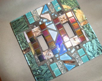 MOSAIC LIGHT SWITCH Cover -Wall Plate, Wall Art, Double Light Switch, Van Gogh Glass, Turquoise, Iridescent Black