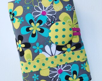Black Aqua Pink Floral Dots Stripes Crochet Hook Organizer or Make Up Case with Zipper Pocket