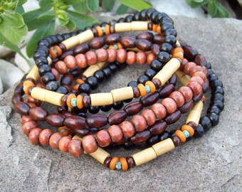 Stretch Stack Beaded Festival Bracelets, Autumn wood beaded bracelets, Boho, Hippie, 7 Stack bracelet set