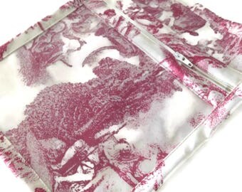 Small Knitting Organizer Cosmetic Bag Jewelry Case Classic Toile Fabric Raspberry Color Vinyl Zippered Sac Make Up Storage Accessory Bag