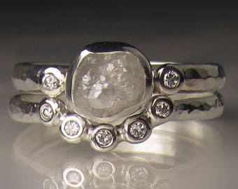 White Raw Diamond Engagement Ring, Rough Diamond Ring, Sterling Silver Hammered Engagement Set