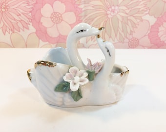 Vintage Retro 60s 70s Kitsch Double Swan Porcelain Ornament Dish by Gascon Spain