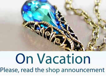 Ocean Blue Necklace Swarovski Blue Crystal Necklace Aqua Blue Pendant Necklace Antique Gold Brass Chain Victorian Jewelry Blue Teardrop