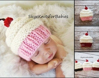 Knit Cupcake Hat, Baby Cupcake Hat, Cupcake Beanie, Baby Girl Hat, Baby Boy Hat, Newborn Hat, Newborn Photography Prop, Newborn Photo Prop