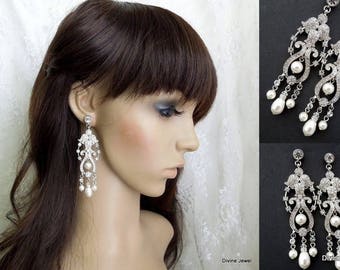 bridal earrings Pearl Earrings Wedding Earrings Swarovski Pearl and Rhinestone Stud Earrings bridal chandelier Earrings long earrings OLENE