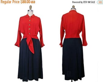 Summer Sale Late 1940s to Early 1950s Red and Black Rayon Day Dress