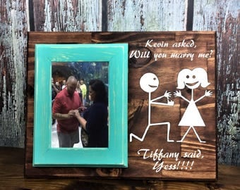 Will You Marry Me? Personalized 4 x 6 Picture Frame/Plaque, Engagement Frame, Custom Frame and Window Decal, She said YES! - Stick Figures