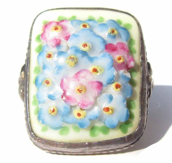 Porcelain Flower Ring on Sterling Silver with Blue Pink
