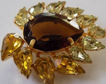 Vintage brooch,Gorgeous 1950's lemon,citrine, and brown teardrop crystal brooch,classic retro jewelry