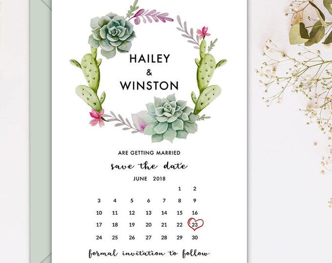Save the Date Card, Floral Succulents and Cactus Save the Date Calendar Type Printable Card