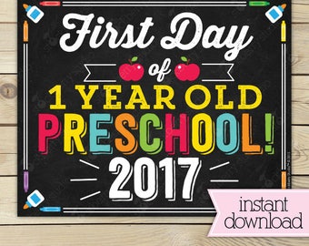 First Day of 1 year old Preschool Sign Printable - 1st Day of Preschool - First Day of School Sign - Chalkboard Sign - Instant Download