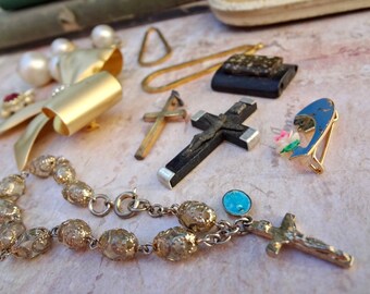 Bow, Cross, Bracelet Found Items / Vintage Scrap Destash for Assemblage / Metal, Brass, Iron, Steampunk Supply / Sculpture Supply (C1)