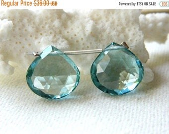 15% off SALE Matched pair of AAA Aquamarine Quartz faceted heart briolettes beads 14.5mm x 14.5mm