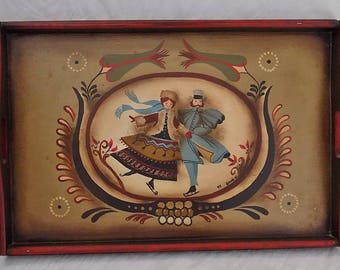 Vintage Toleware Wooden Serving Tray Signed Glenda H. Tole Painting Folk Art