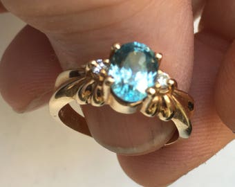 14K yellow gold blue topaz ring with diamonds VJSE