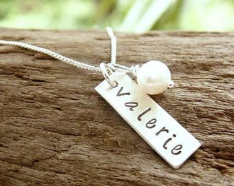Hand Stamped Name Necklace Sterling Silver Rectangle Tag, Mother Necklace