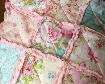 Shabby Chic Rag Quilt Baby Girl Gift Minky Security Blanket Lovey Rose Nursery