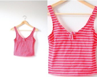 30% OFF SALE Vintage nautical swimsuit // red striped tankini // 80's 90's one piece swimsuit // striped tank top // crop top // muscle tank