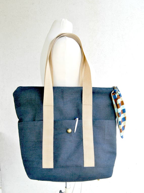 Denim zipper tote bag shoulder large made in dark blue denim