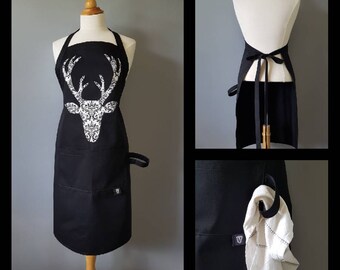 Tablier pour femme / Silhouette de chevreuil noir et blanc / Polyester et coton noir / Apron for women / Deer head / Black and White