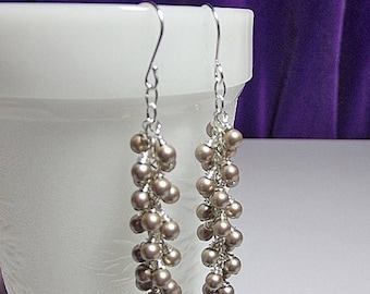 30% OFF SALE thru Sun Long Swarovski Platinum Pearl Icicle Cluster Drop Earrings, Christmas Gift, Mom Sister Jewelry, Bridesmaid Earrings, C