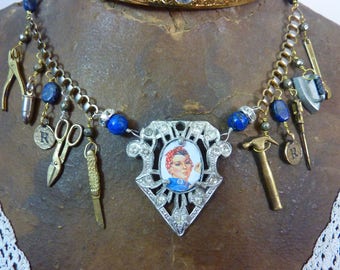 ROSIE the RIVETER patriotic USA vintage assemblage antique necklace