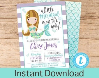 Mermaid Baby Shower invitation, Little mermaid baby Invite, Under the sea, Baby Shower Invitation, Little mermaid, EDITABLE Instant Download