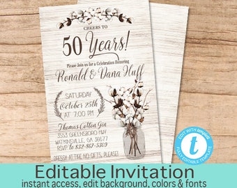 50th Anniversary invitation, Anniversary Party Invitation, Rustic Anniversary Invitation, Editable Invite, Instant Download