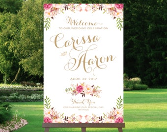 Wedding Welcome Sign | Large Wedding Poster | Various Sizes | Vintage | Antique Gold | Floral Options | I Create and You Print
