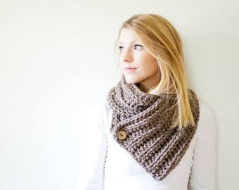 FLASH SALE chunky crochet scarf ribbed button cowl scarf - taupe - the OXFORD