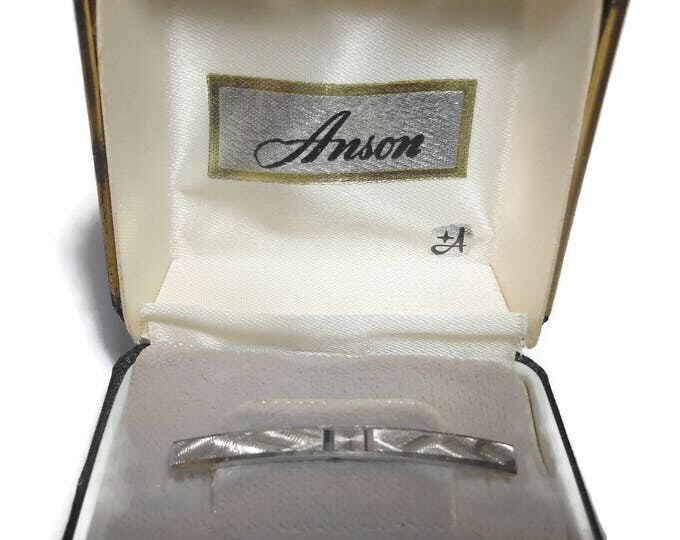 Anson tie bar tie tack, tac that looks like a tie bar, silver tie tac pin, steel cut, great texture, in original box vintage