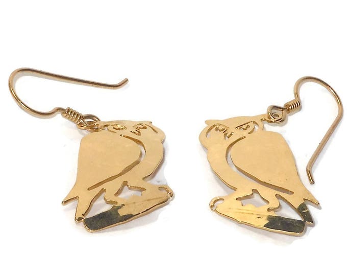 FREE SHIPPING Wild Bryde owl earrings, gold-plated, barn hoot owl, finely detailed etching, cutout work, pierced french hook, hammered gold