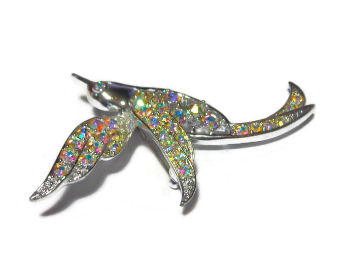 FREE SHIPPING Sarah Coventry bird brooch, Bird of Paradise, 1960 AB Aurora Borealis open work, pave rhinestone