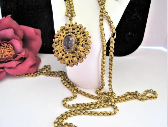 Amethyst Pendant Necklace - Etruscan Style - Purple Rhinestone Pendant - Gold Tone - Box Chain - Long 48 Inches