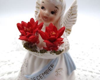 Vintage Lefton December Little Angel Figurine, Lefton "December" Birthday Angel Figurine Poinsettia Flowers, Lefton Birthday Figurines