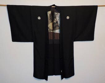 Vintage haori for men - Black, Five crests of paulownia leafs