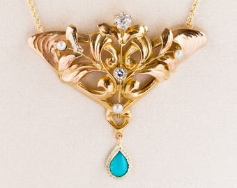 Antique Necklace - Antique Art Nouveau 14k Yellow Gold Diamond, Seed Pearl & Turquoise Conversion Necklace