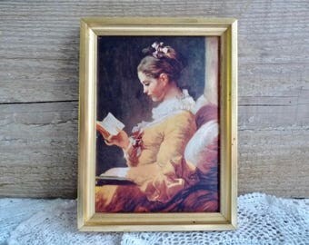 Vintage French FRAGONARD SILK PAINTING, " La Liseuse "- " The Reader " in Gilded Frame. 19.5cm x 14.5cm or 7.7 " x 5.7 ".